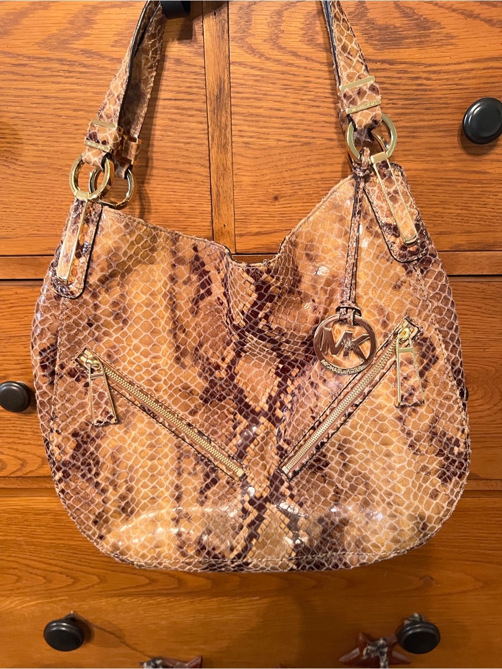 Michael Kors Tan and Brown Snake-Print Leather Hobo Bag